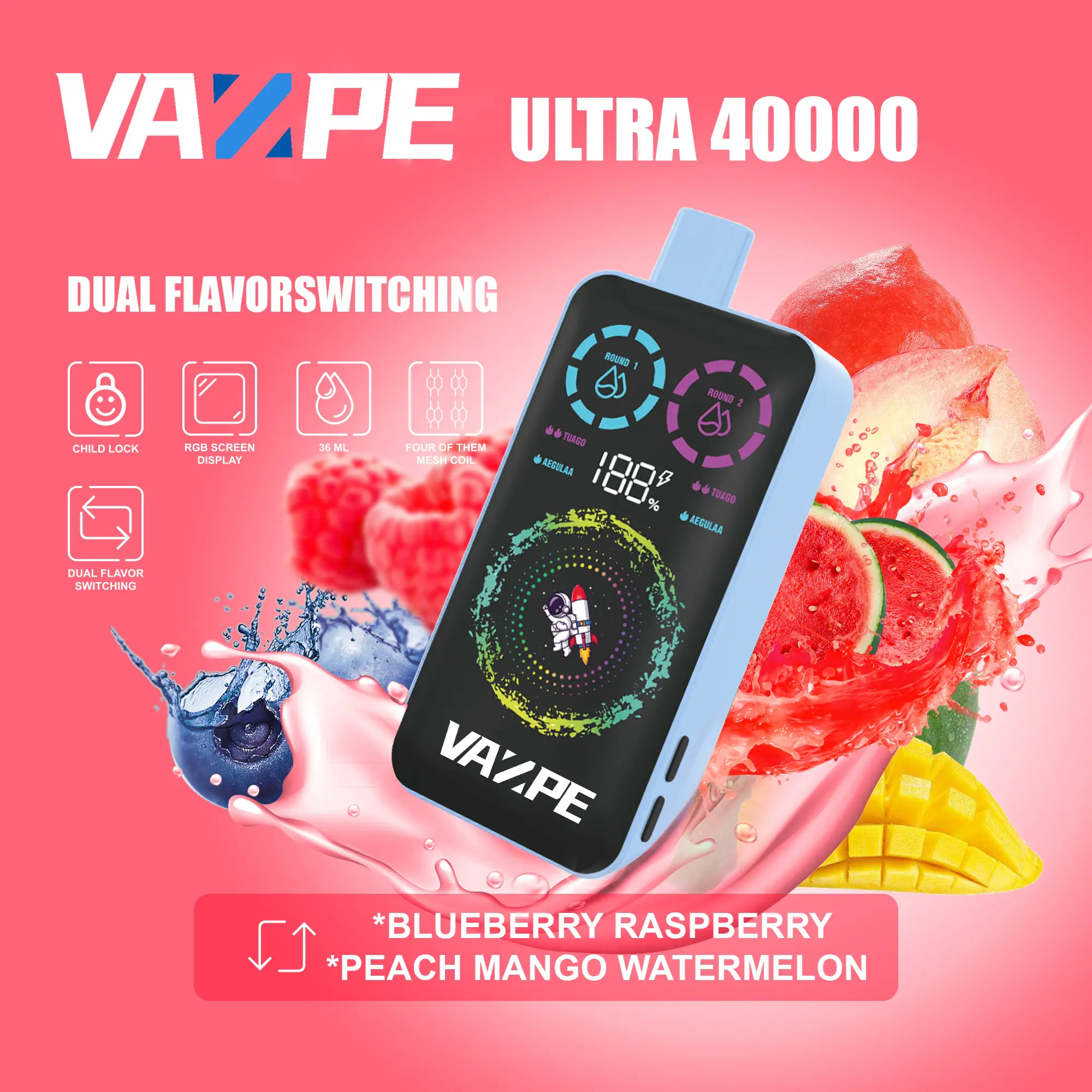 VAZPE Ultra 40K Blueberry Raspberry and Peach Mango Watermelon